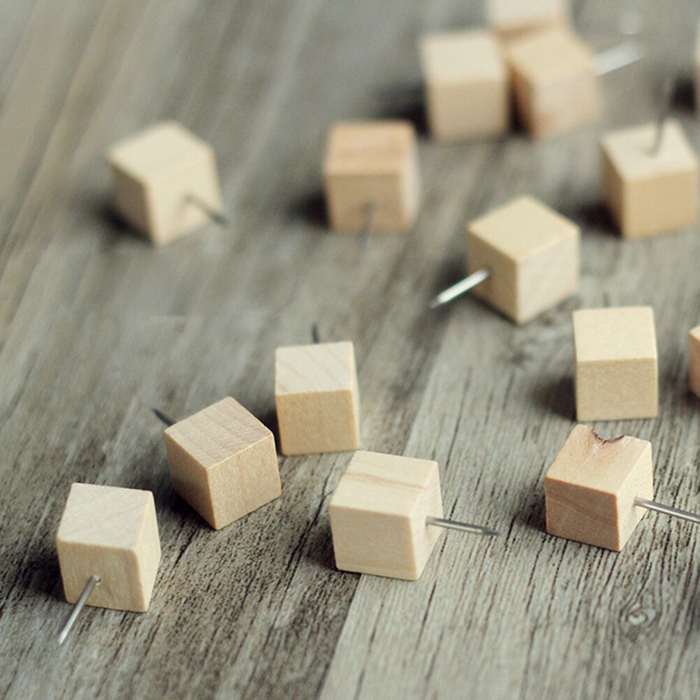 100pcs Cubic Wood Push Pins Wooden Thumb Tacks for Map Photos Calendar Decorative DIY Tool