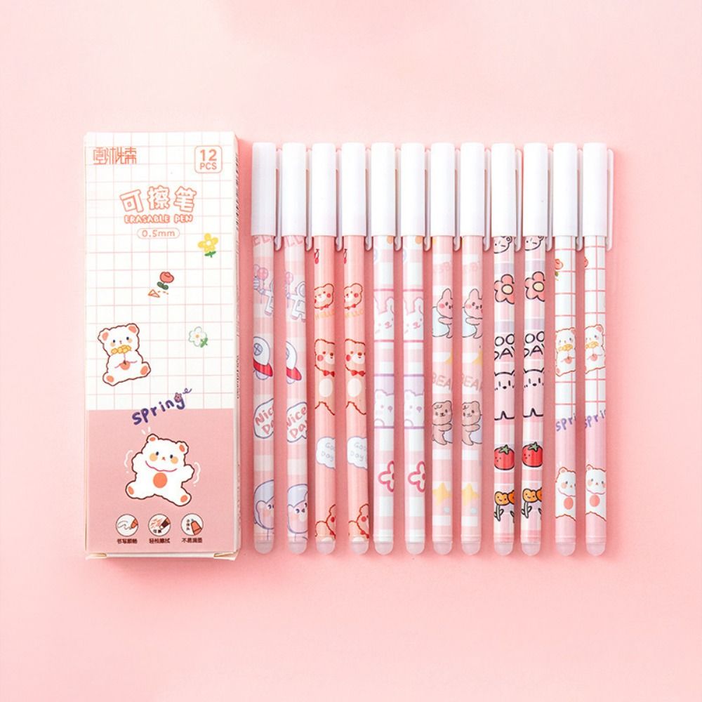 12PCS/Box 0.5mm Blue Ink Ballpoint Pen Bear Peach Astronaut Quick Drying Erasable Pen Gel Pens School Office Supplies: Yellow