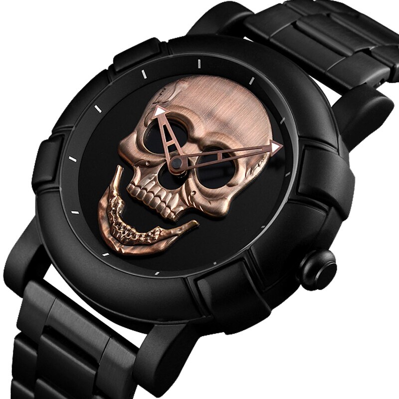 Black Gold Dial Quartz Watch Men 3D Skull Head Pattern Stainless Steel Steampunk Rock Engraved Cool Mexico Man Male reloj hombre: 3D SKULL WATCH