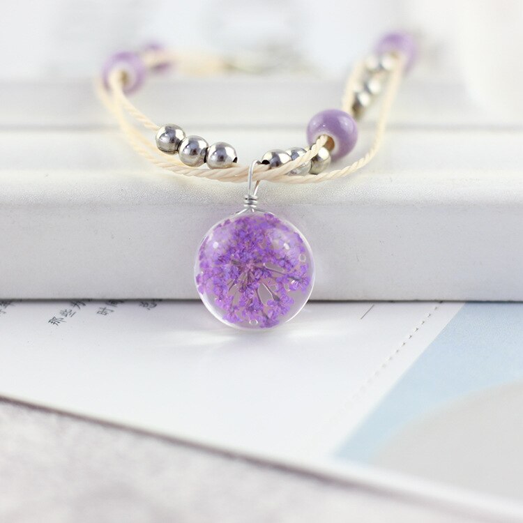 Lidavi di Vetro Del Braccialetto Del Tessuto Fortunato Bracciali di Fiori Fatti A Mano del Dente di Leone Tessuto Fiori Secchi Perle di Vetro Braccialetto Dei Monili Delle Donne Nuovo: Purple