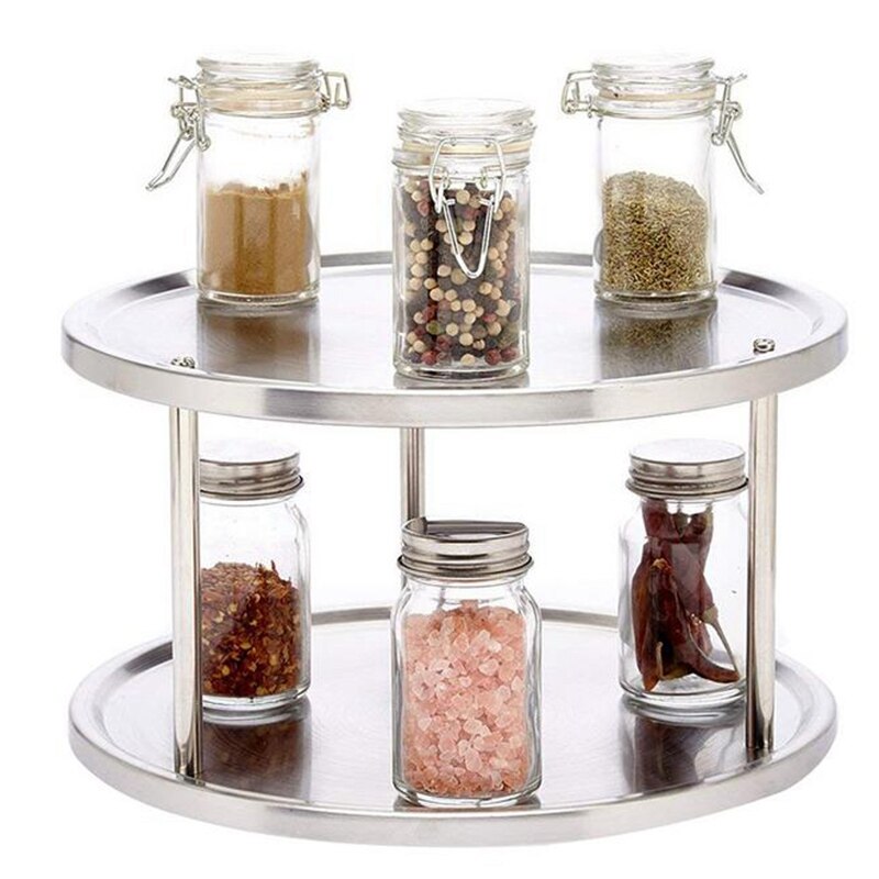 Krydderihylde rustfrit stål arrangørbakke 360 graders drejebord roterende 2 stativ til spisebord køkkenborde