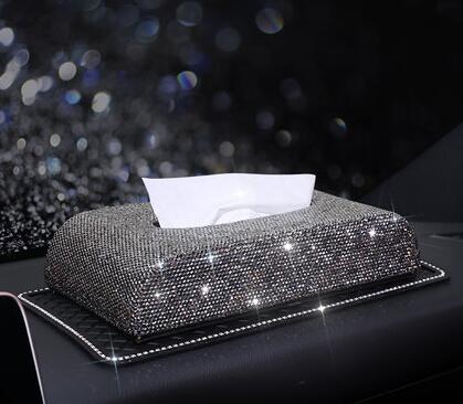 Bling Crystal Car Tissue Box Armrest Diamond Leather Auto Tissue Paper Holder Case Sunvisor Hanging Napkin Car Accessories