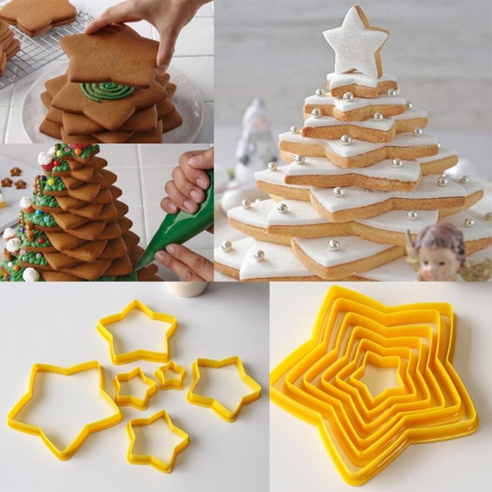 6 Stks/set Kerstboom Cookie Cutter Mold Stars Vorm Fondant Cake Biscuit Cutter Mallen 3D Taart Decoreren Gereedschappen Bakvormen