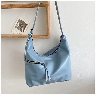 2021Solid Color PU Leather Female Tote Handbag Lady's Shoulder Large Bags Brand Women‘s Casual Zipper Bag: Blue