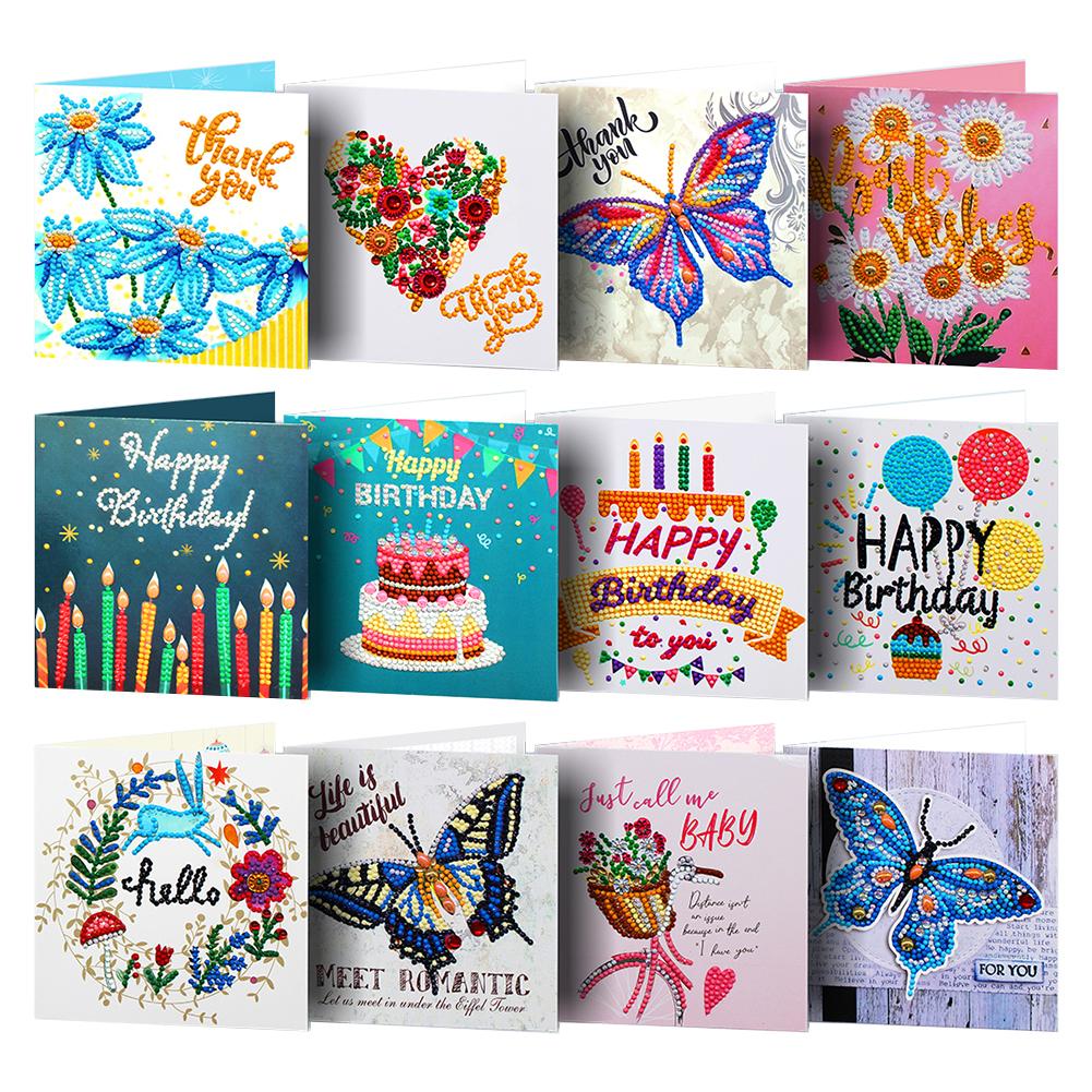 5D Diy Speciale Vormige Diamant Schilderen Kaart Kerst Xmas Verjaardag Festival Card Kerstman Ansichtkaarten 4/8 /12 Pcs: 12pcs Birthday 01