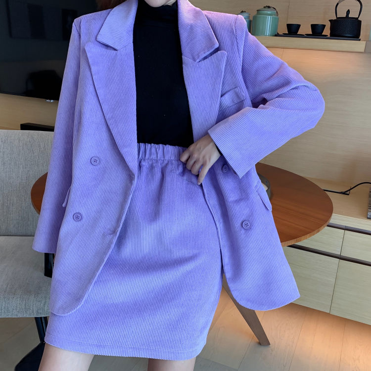 Bella filosofi våren damesett kordfløyel blazer ol jakke kvinne 2 deler doble kåper outwears underdeler: Lilla skjørt sett / M