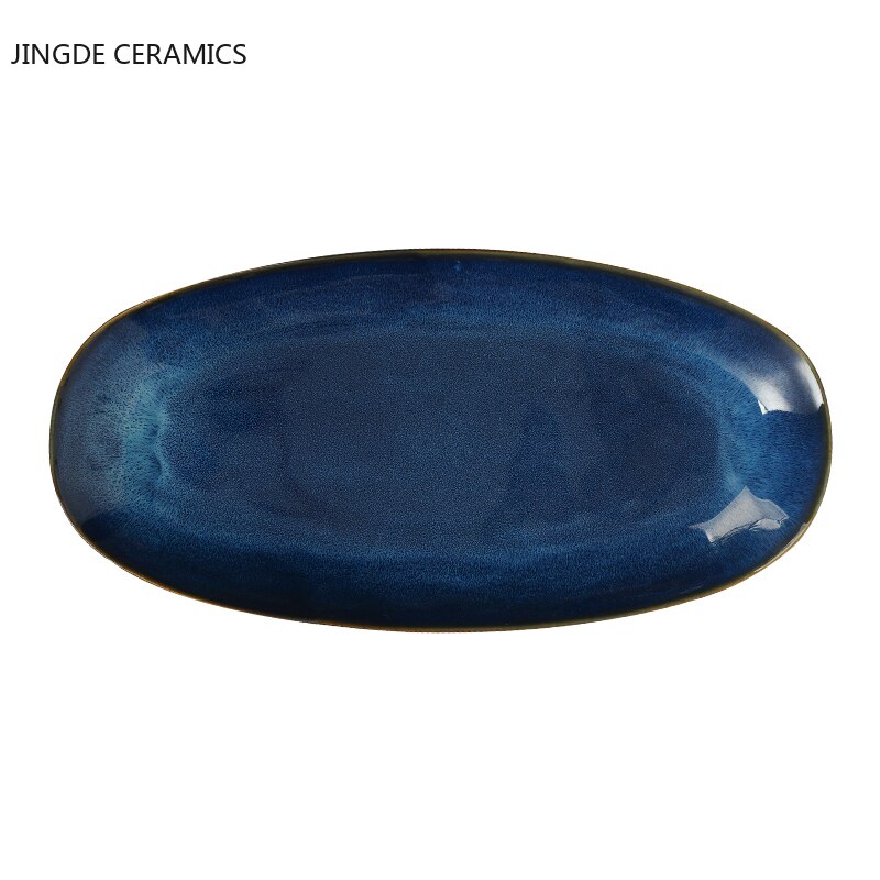 Oval Ceramic Shallow Plate Japanese Sushi Dish Steamed Fish Household Large Fish Plate SteakHand-Pulled Noodle Tray