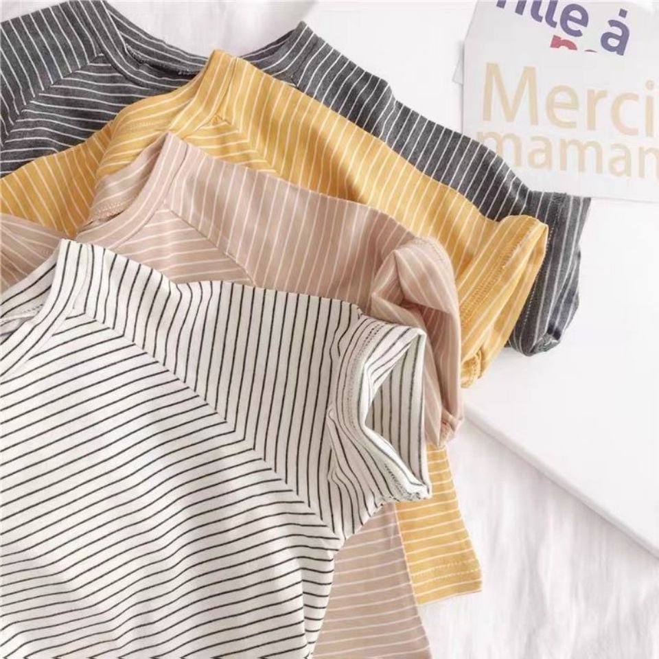 T-shirt rayé à manches courtes pour garçons et filles, haut à cinq points, ample, version coréenne, été , P4330