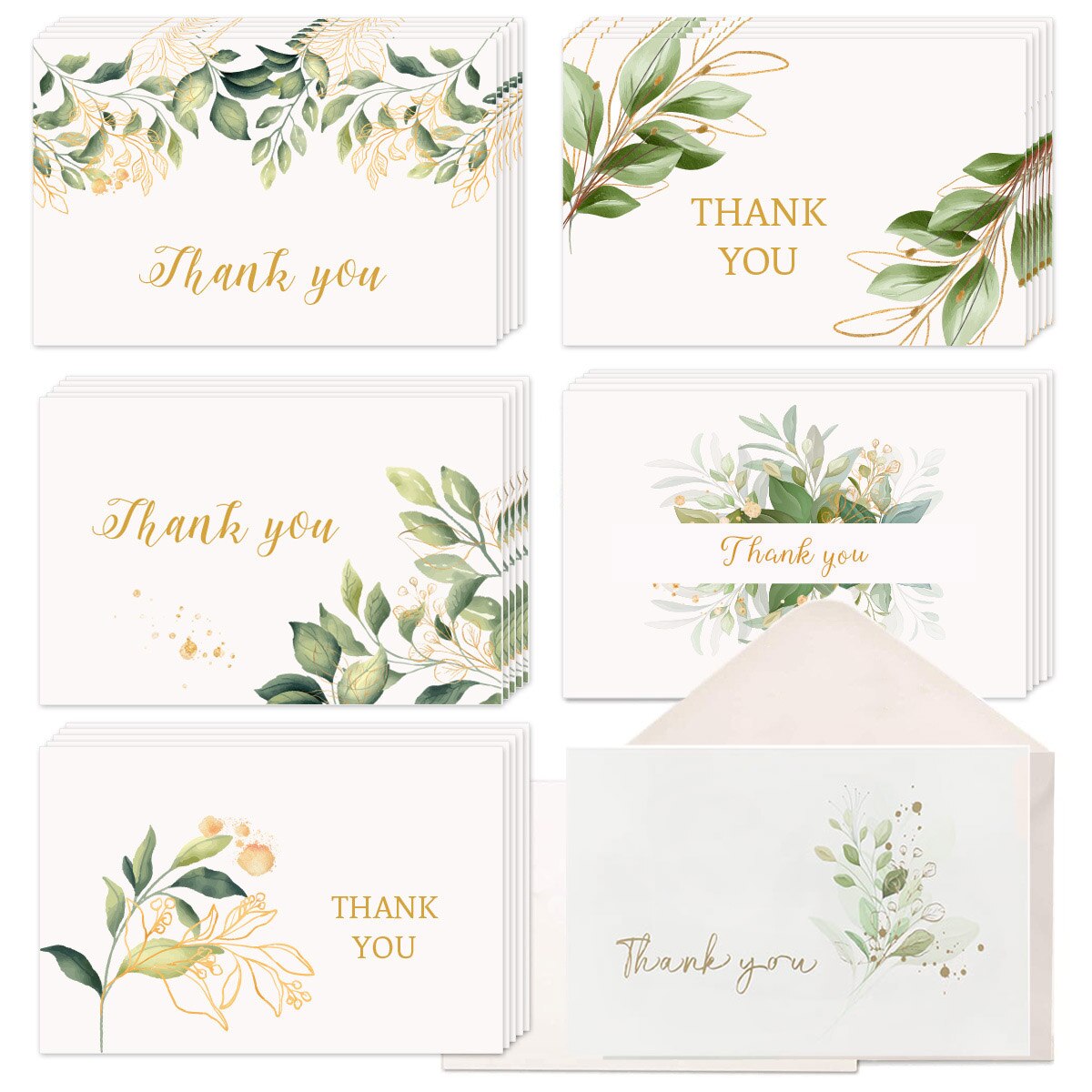 Cartes de remerciement en feuille d'or, lot de 4/6 cartes d'invitation à motifs floraux avec enveloppes, autocollants vierges, cartes postales pliantes