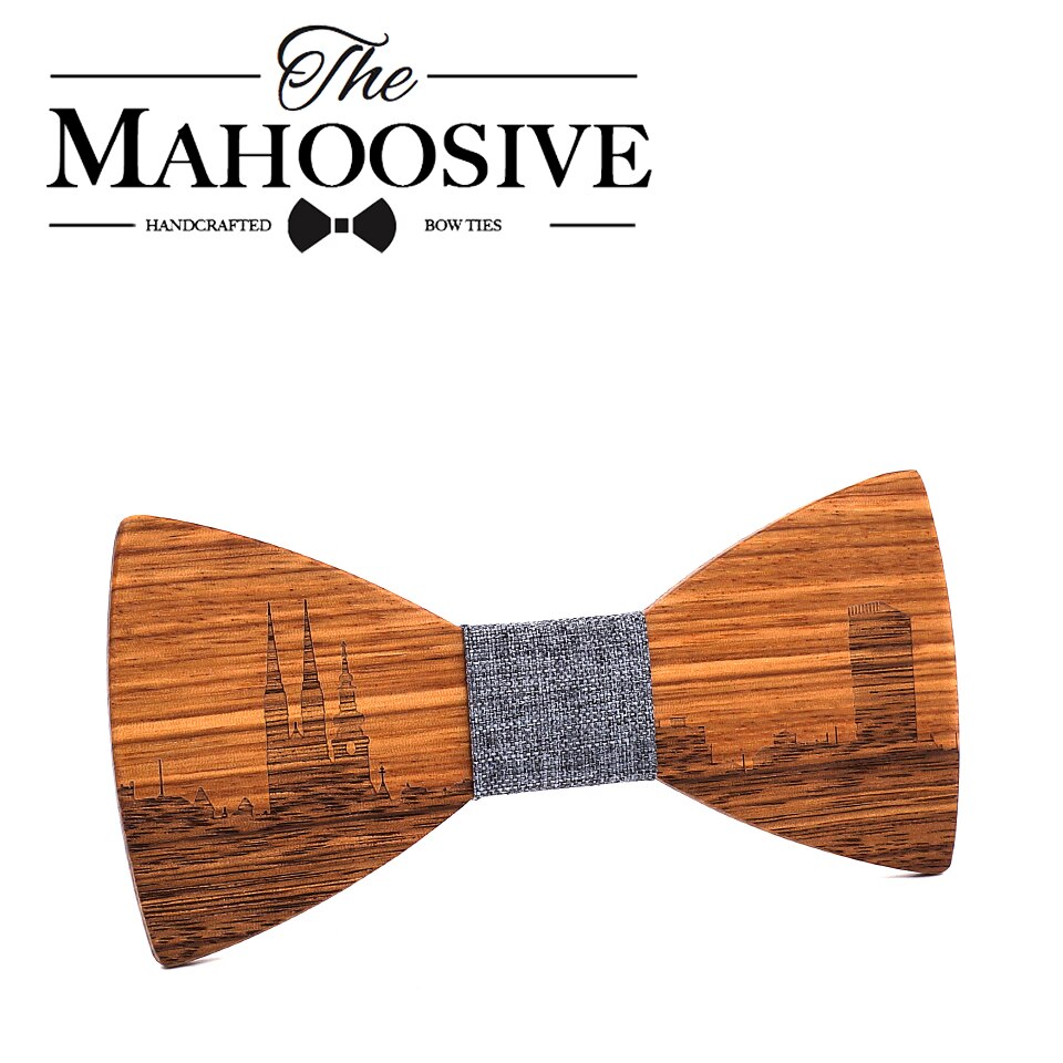 Mahoosive-pajaritas de madera hechas a mano para hombre, conjunto de corbatas de madera, corbata de mariposa, corbatas Skyline para hombre, gemelos, pañuelo, novedad