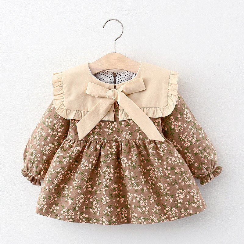 Höst bebis flickor puffärm klänning slagkrage rosett söt vintage kläder prinsessa blommiga vestidos outfits för fest: Gul / 80cm