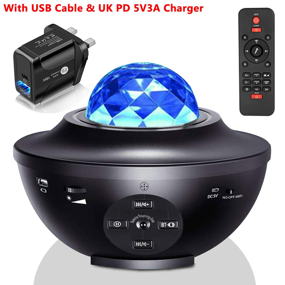 Usb Led Star Night Light Music Starry Water Wave Sound-Activated Led Projector Licht Bluetooth Projector Galaxy Projector Licht: USB with UK Adapter
