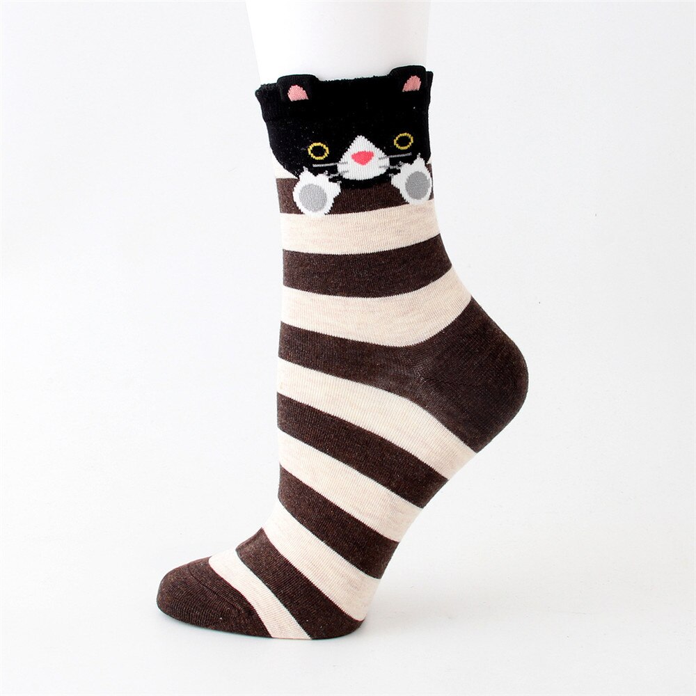 Funny Cartoon Animals Ankle Socks Striped Cotton Mid Tube Sock Soft Comfortable Autumn Winter Kawaii Footwear for Girls: coffee