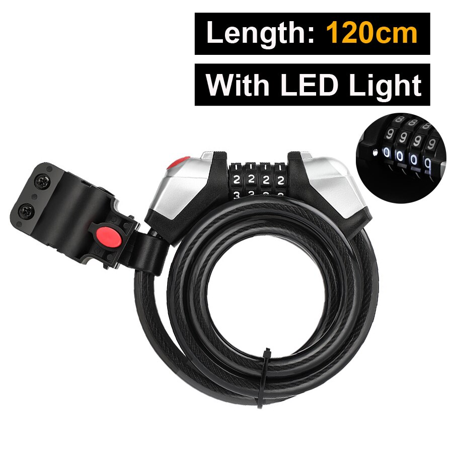 NEWBOLER LED Bicycle Lock MTB Road Bike Wheel Lock Anti-theft Motorcycle Scooter Cycling Password Lock Mount Bicycle Accessories: 120cm