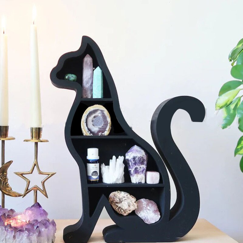 Cat On The Moon Crystal Wooden Shelf Cat Crystal Essential Oil Display Wall Organizer Living Room Rack Home Room Storage Decor: C