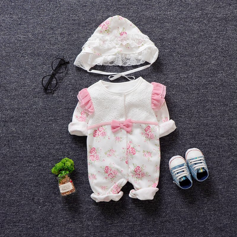 Vêtements de printemps pour -né fille, barboteuse en dentelle florale + chapeaux, ensembles de vêtements de princesse: Beige / 12M