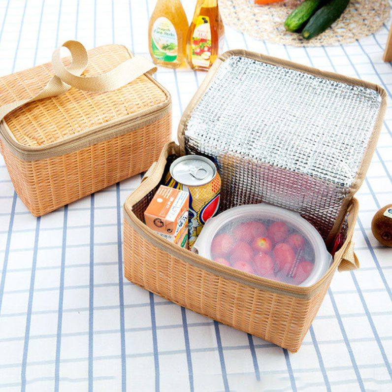 Portable Imitation Rattan Lunch Bags Insulated Thermal Cooler Lunch Box Tote Storage Bag Container Food Picnic Bag