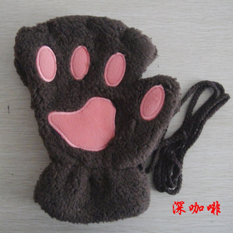 Gants de dessin animé chat fille, mitaine épaisse peluche ours patte demi-doigt G22: Coffee