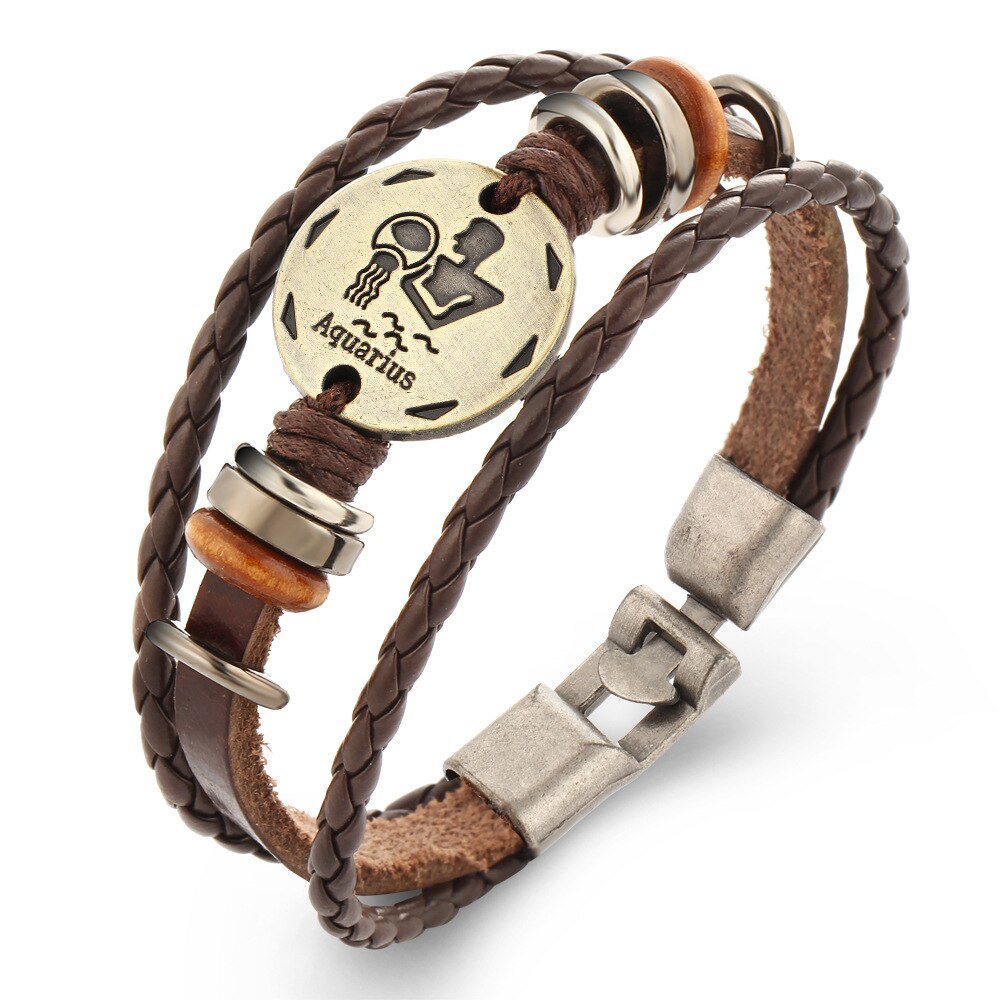 60 pz/lotto 12 costellazione zodiaco intrecciato bracciali in pelle marrone braccialetti per uomo donna Punk ariete leone bilancia gioielli all'ingrosso