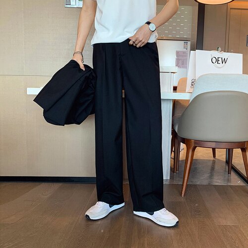 Hombre Casual suelto recto ancho pierna pantalones de traje de los hombres Streetwear Vintage pantalones coreano Chic Pantalones largos: Negro / M