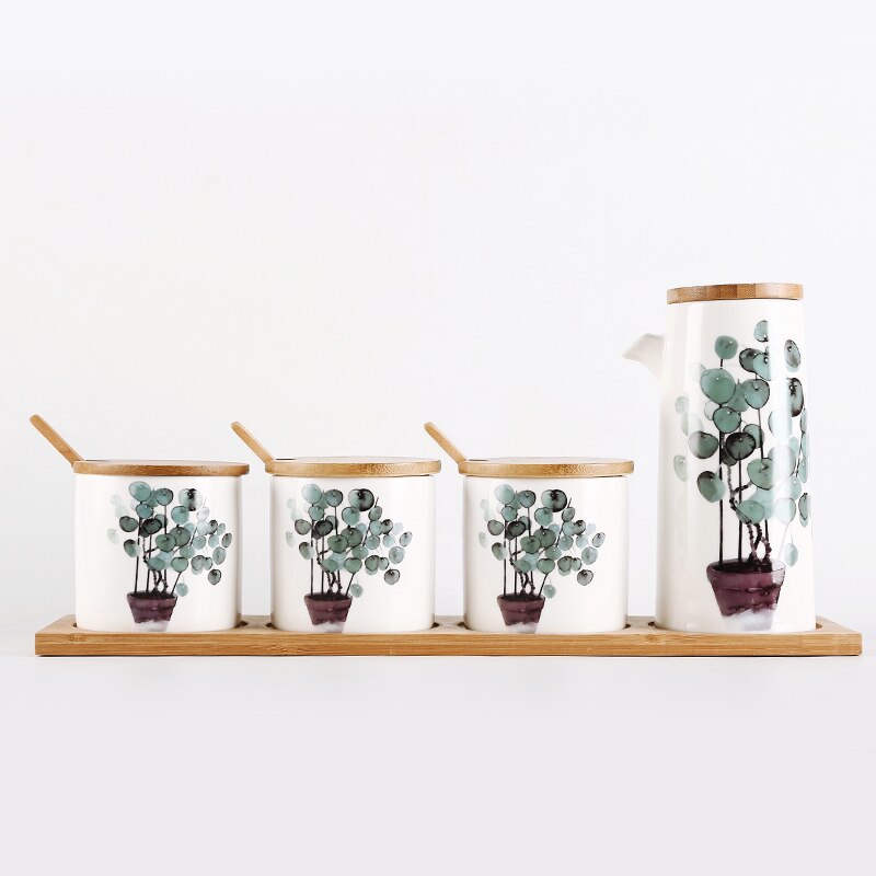 Nordic Groene Plant Home Keramische Kruiden Pot Eetstokjes Opslag Olie Pot Zout Shaker Combinatie Set Restaurant Keuken Benodigdheden: K