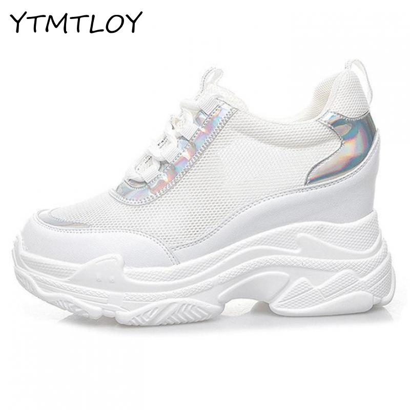 Women Wedge Platform Rubber Brogue Lace Up High heel Shoes Increasing White Silver Sneakers Zapatos De Mujer Plataforma