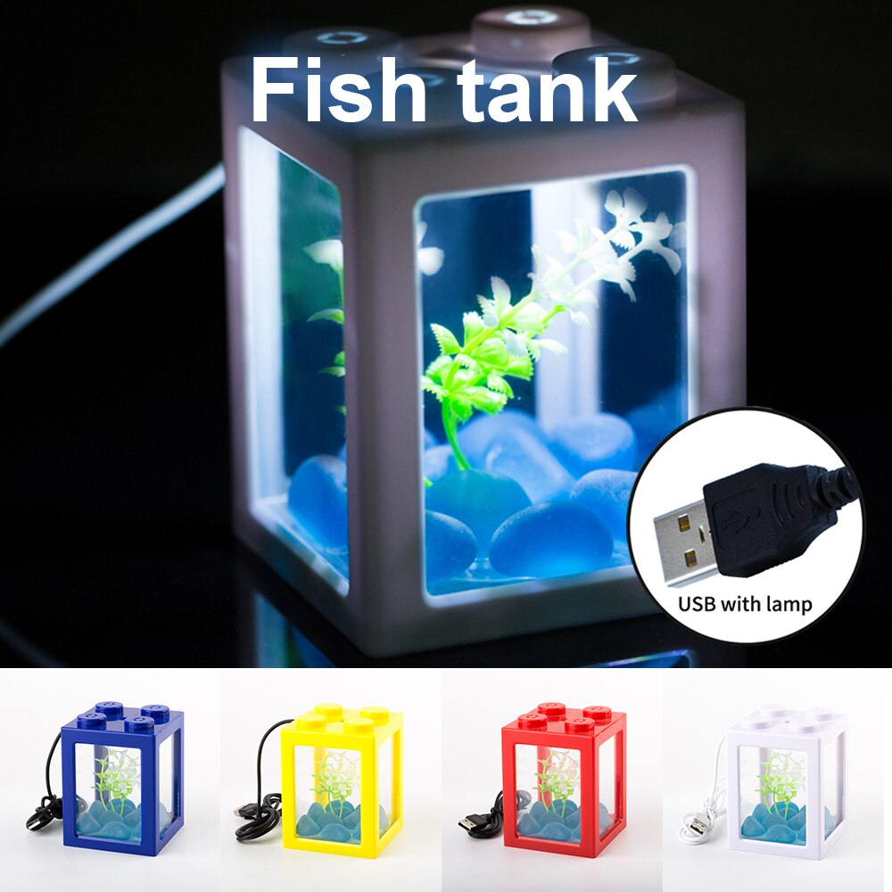 Usb mini akvarie akvarium med led lampe lys små akvarier stabelbare rumble fisk cylinder akvarie forsyninger