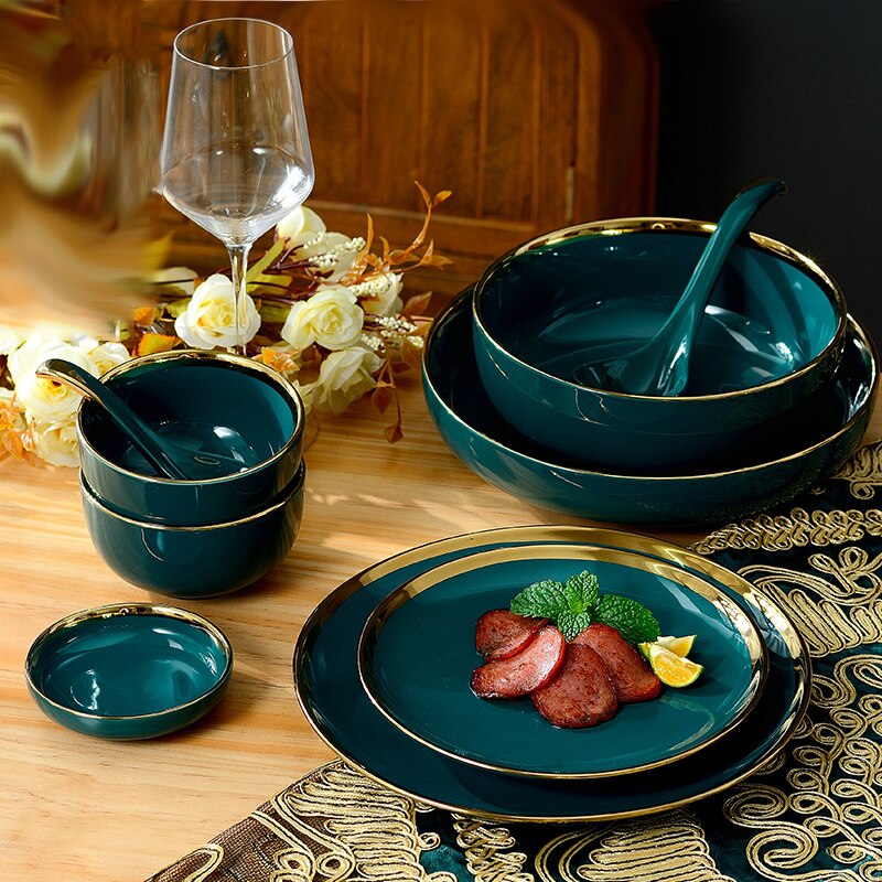 1pcs Green Porcelain Plate ceramic Dinner Plate Tableware Dinner Set Phnom Penh Exquisite Dinnerware Big Soup Ladle Leak Spoon