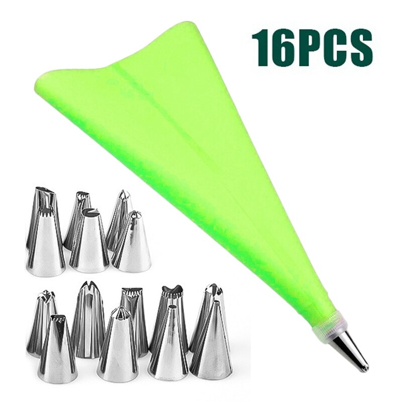 16PCS DIY Ice Piping Cream Pastry Bag Reusable Stainless Steel Nozzle Pastry Tips Converter Squeeze Cake Decorating Baking Tools: Green