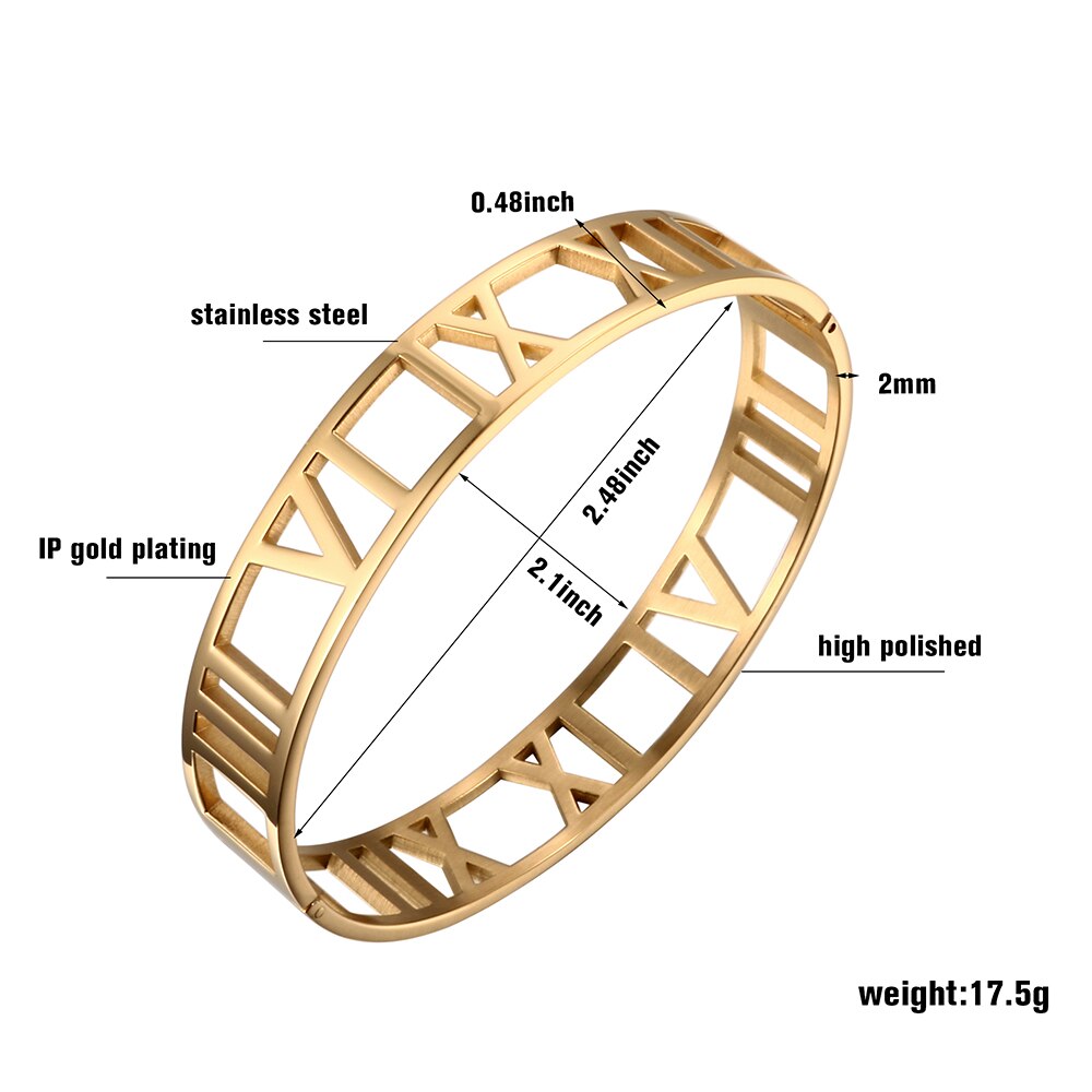 Cuff Bangles Bracelets For Woman 12MM Roman Numerals Stainless Steel Gold Plating Bangle Female Male Jewelry Wristband