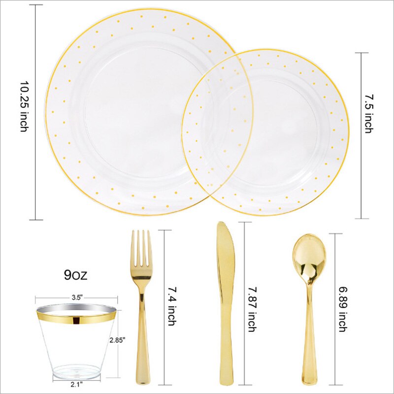 60 stuks/partij bronzing gouden stippen plastic wegwerp servies voor bruiloften, feestjes, plastic bordjes, bekers, gala-feestdecoraties
