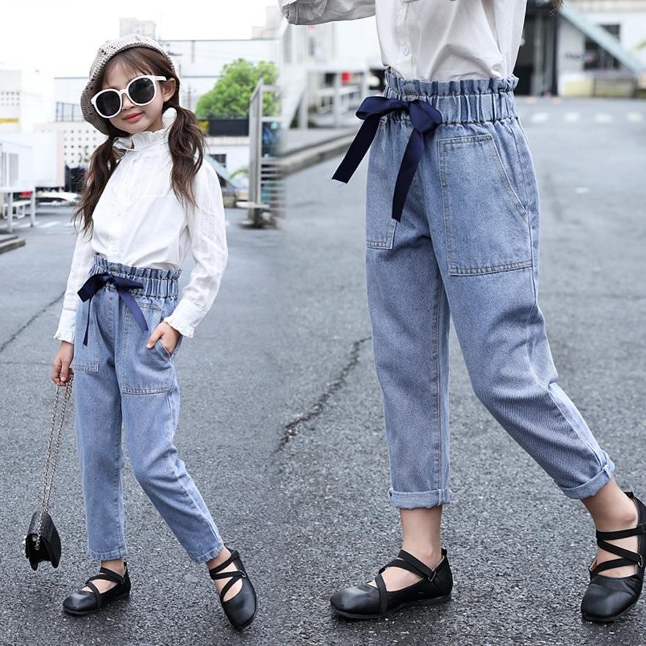 jeans jente høy vente jeans til jenter stor Bue jeans til låve solide klær til jenter 6 8 10 12 14