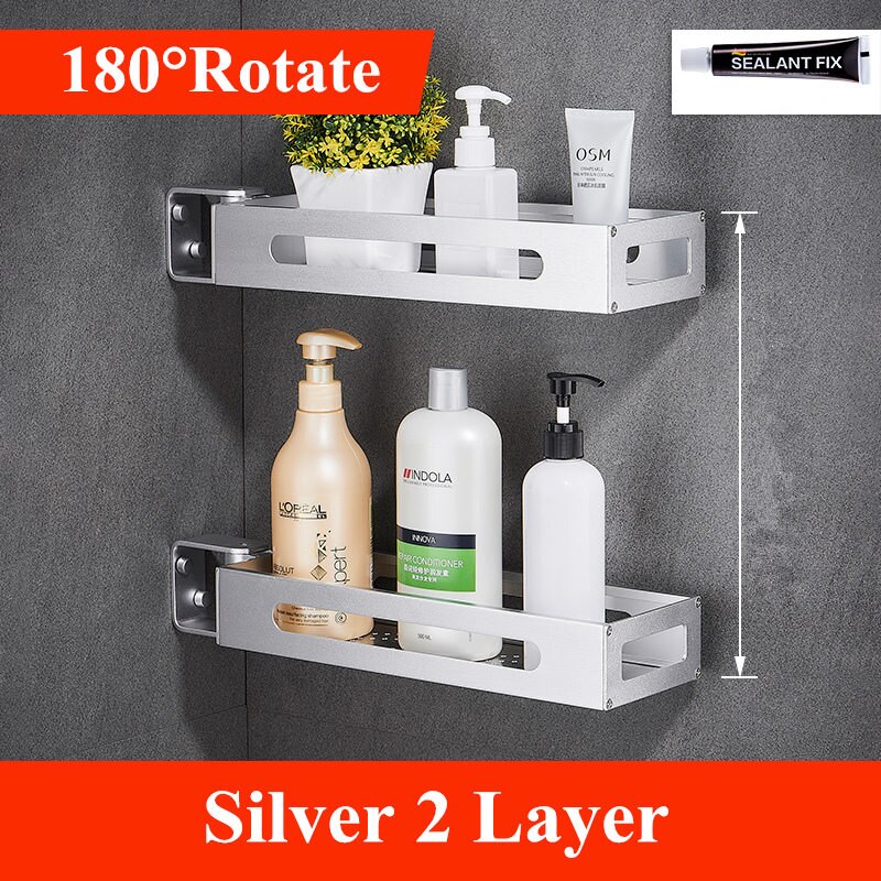 Bathroom 1\2\3 Tier Black Spice Rack Kitchen Pantry Rack Organizer Wall Hanging 180 Degree Rotating Corner Shelf: Silver 2 Layer