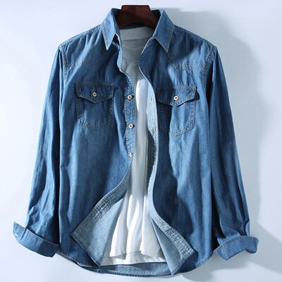 DIMUSI Mens Denim Shirt Tropical Casual Men Long Sleeve Windbreaker Shirt Male Cotton Cowboy Jean Shirts Clothing 3XL,YA934: Dark Blue / L