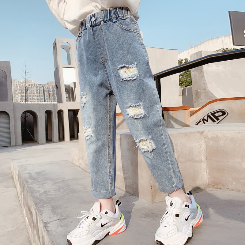 Teen Girls Harem Pants With Five Destroy Hole Spring Autumn High Waist Ripped Kids Teenager Denim Trousers 4-14Years