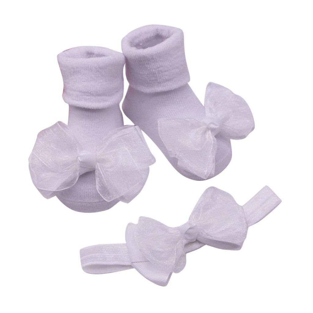 Neugeborene Baby mädchen jungen socken + haar gürtel 2PC setzt Kleinkind feste warme mit bogen Stiefel socken & feste bogen headwear Baby stirnband: weiß