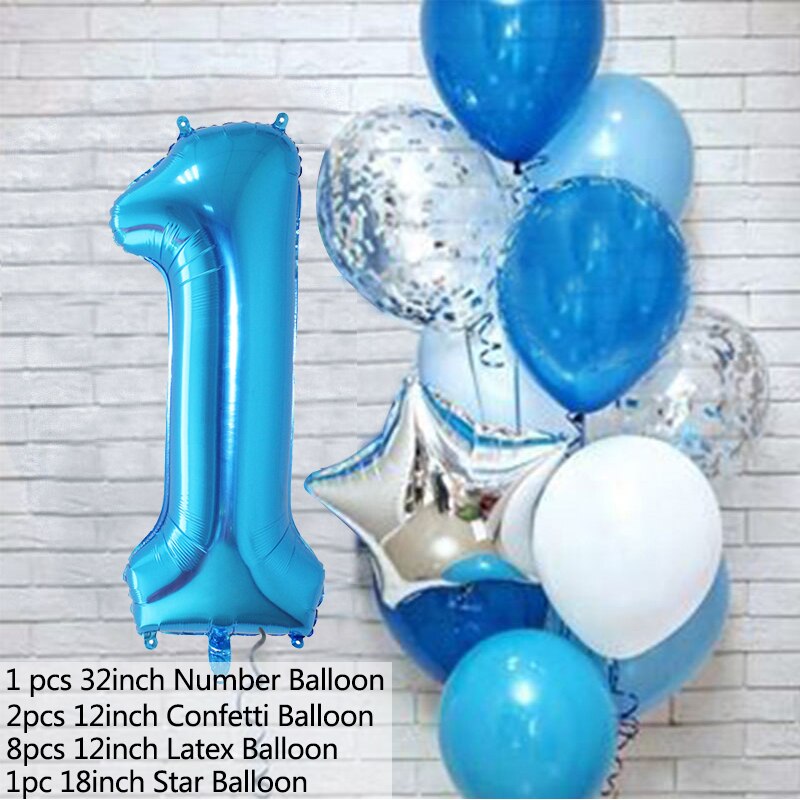 PartyLab 12Pcs/set Number Foil Latex Blue Balloons for Kids Birthday Decoration 1st One Year Birthday Boy Decor Baby Balloon
