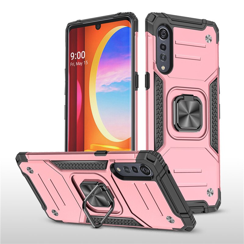 Odporne na wstrząsy etui na LG Velvet 5G 4G luksusowy zderzak pancerna obudowa LG pierścień aksamitny 360 Protect tylna pokrywa dla LG Velvet Stand Fundas: LG Velvet 5G / Rose Gold