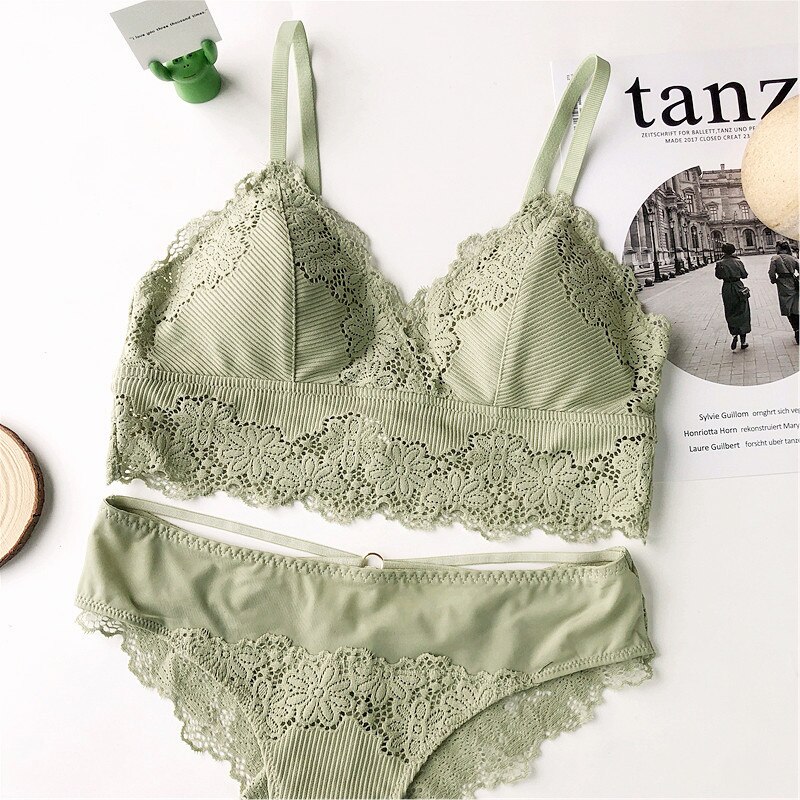 Wriufred Ribbed lace hollow bra panties sexy no steel ring triangle cup lingerie thin section comfortable underwear set: Green / XL-85ABC