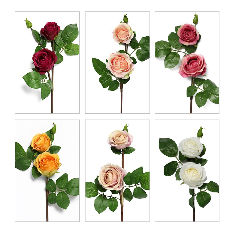 yumai 1pc 60cm Fall Silk Rose Artificial Flower Branch 2 Head with Bud Peony for Wedding party Home Decoration Faux Flowers