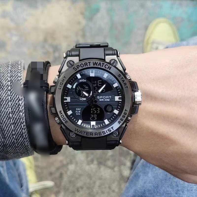 Multifunctioneel sporthorloge voor heren, dubbel display, waterdichte wekker, timing, nachtlampje, kalender, elektr: Black