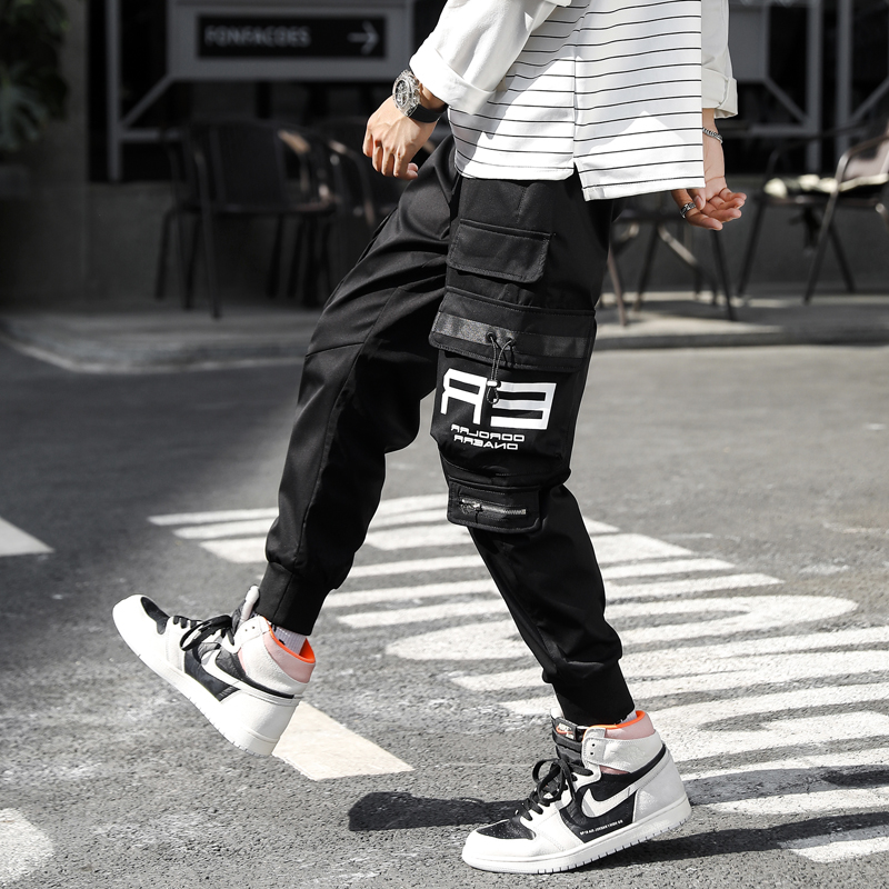 ZOENOVA Letters Multi Pockets Cargo Pants Men Harajuku Casual Track Trouser Hip Hop Streetwear Techwear Pants Joggers Men: L / Black