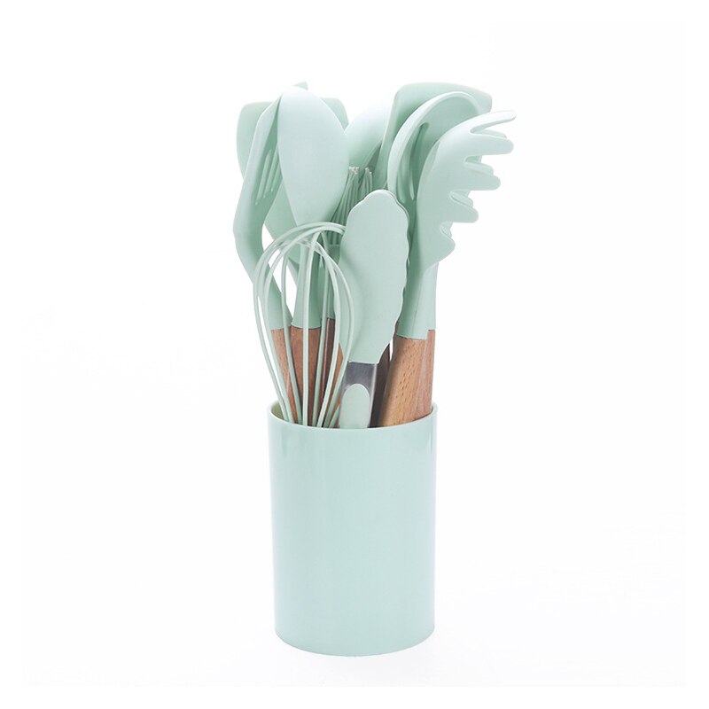 Silicone Kitchen Utensil Set 11 Pieces Kitchenware Set with Wooden Handle Nonstick Cookware, Green