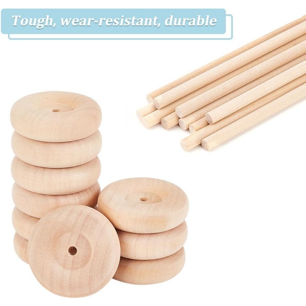 30 Stück 1,9 x 0,6 Zoll Holz-Bastelräder mit 15 Stück 5,9 Zoll Holzstäben, unflossenes Holzrad, große Holzräder, rundes Holz