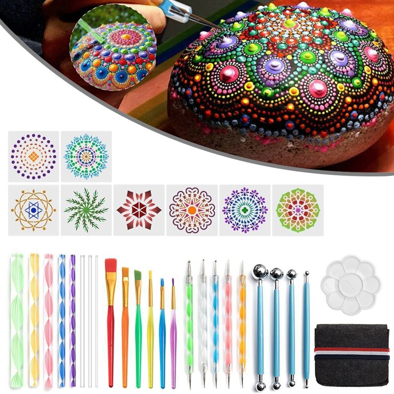 32pcs/set Mandala Dotting Tools Kit for Painting Rock Stone Acrylic Stick Stencil Template Drill Pen Palette Carry Bag