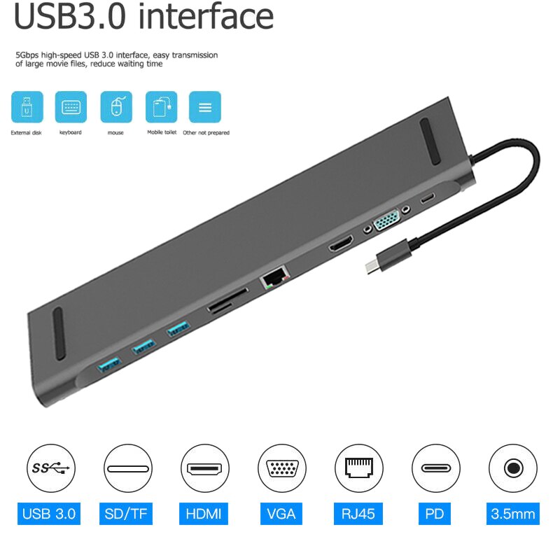 11 in 1 HUB 4K USB Type-C om USB 3.0 TF HDMI VGA RJ45 Mini DP Docking station Laptop Docking Station voor Mac boek voor Huawei