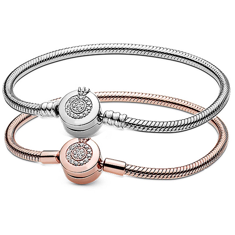 Original Rose Moments Sparkling Crown O Snake Chain Bracelet Bangle Fit 925 Sterling Silver Bead Charm Diy Europe Jewelry