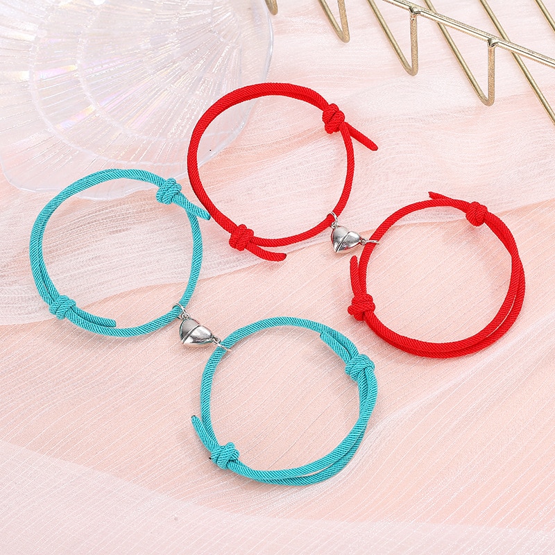 2Pcs/Set Minimalist Lovers Heart Matching Friendship Bracelet Rope Braided Couple Magnetic Distance Bracelet Kit Lover Jewelry