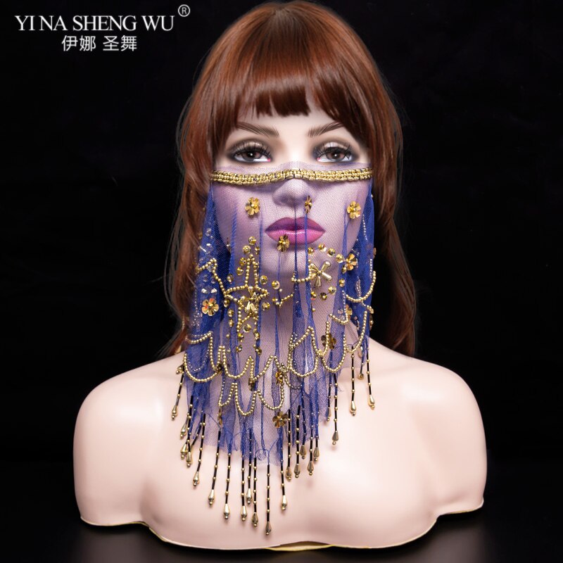 Bellydance Face Veil Women Indian Belly Dance Face Veil Tribal Belly Dance Veils For 9 Colors Available: Plum flower Blue
