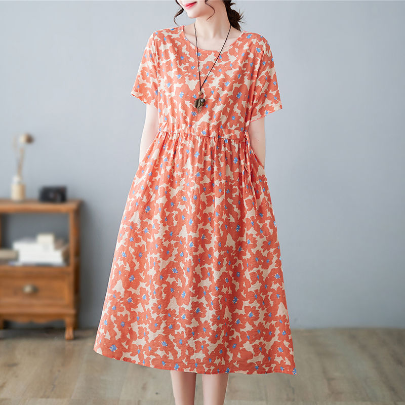 Summer Cotton Linen Literary Vintage Printing Loose Casual Robe Ladies Round Neck Lace Up Waist Dress Vestidos De Fiesta